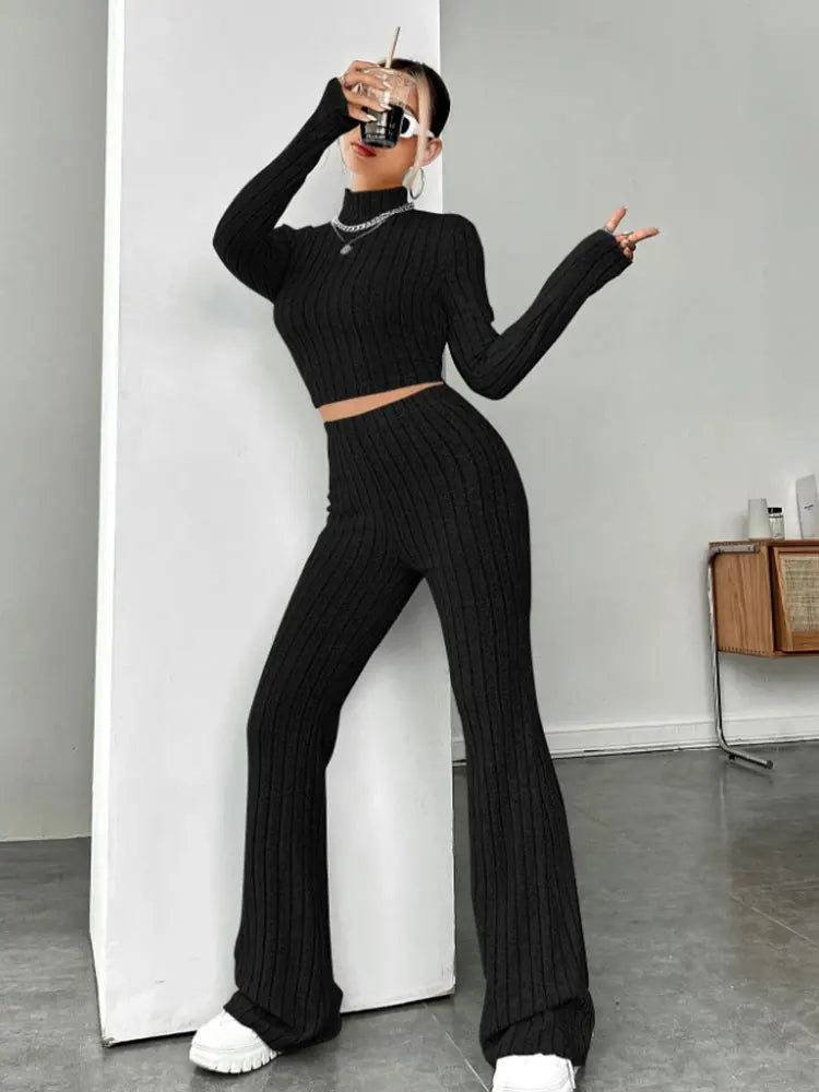 BEAUTY CLOSET COLLECTION - Stand Collar Knit Striped Long Sleeve T-Shirt And Pants