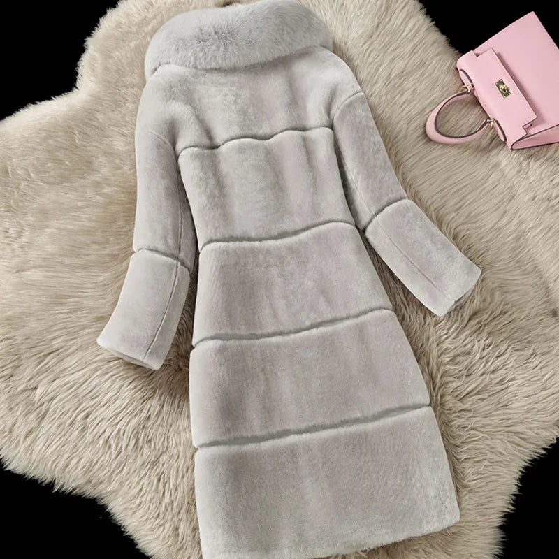 Winter Korean Version Women's New Faux Sheep Shearing Fur Coat Medium Length Faux Fur Collar Coat Office Lady Parkas