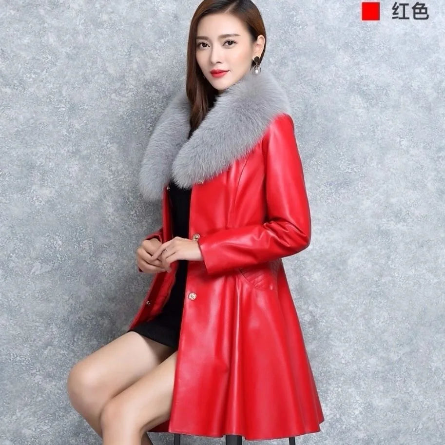 New Women's PU Leather Jacket For Autumn Winter Slim Big Fur Collar Long Leather Coat Female Outerwear