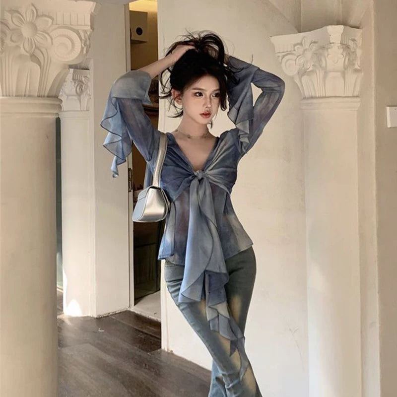 French Blue Ruffle V-neck Long Sleeve Chiffon Shirt for Women Spring Korean Chic Tie Dye Slimming Flare Sleeve Blouse Women Tops