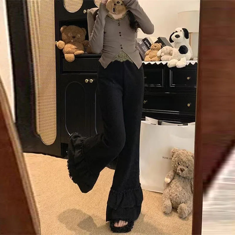 Casual Ruffles Flare Pants Women Korean Loose High Waist Sweet Trousers Vintage Simple Design Lady Elegant Wide Leg Pants
