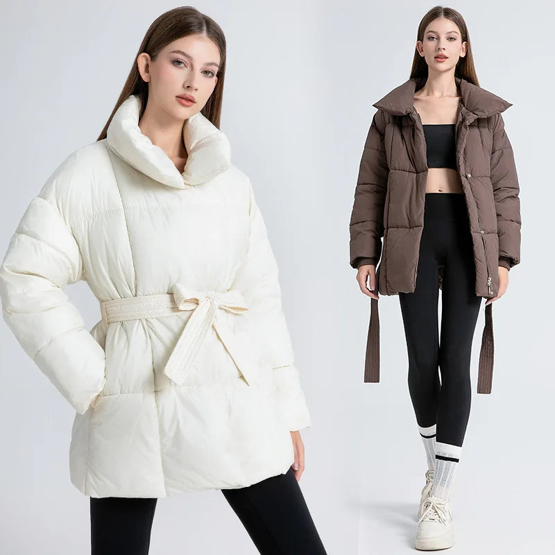 Women's Winter Parka Jacket Solid Color Stand Collar Button Pockets Padded Coat For Female Minimalist Casual Lady's Coat