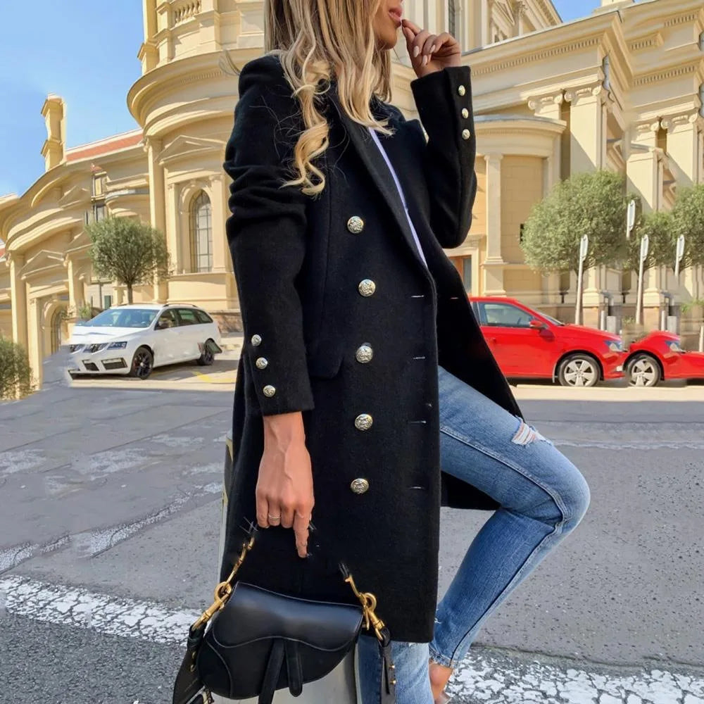 Winter Women Solid Overcoat Button Lapel Woolen Office Coat Thicken Warm Slim Long Jacket Thin Elegant Outwear Women'S Jacket