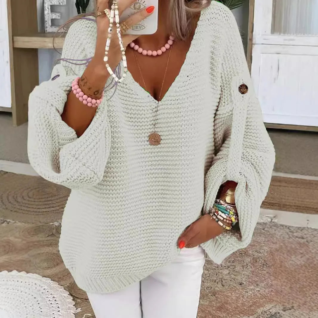 Elegant V-neck Warm Pullover Sweaters Autumn Winter Casual Long Sleeve Button Jumpers Tops Fashion Commuter Loose Women Knitted