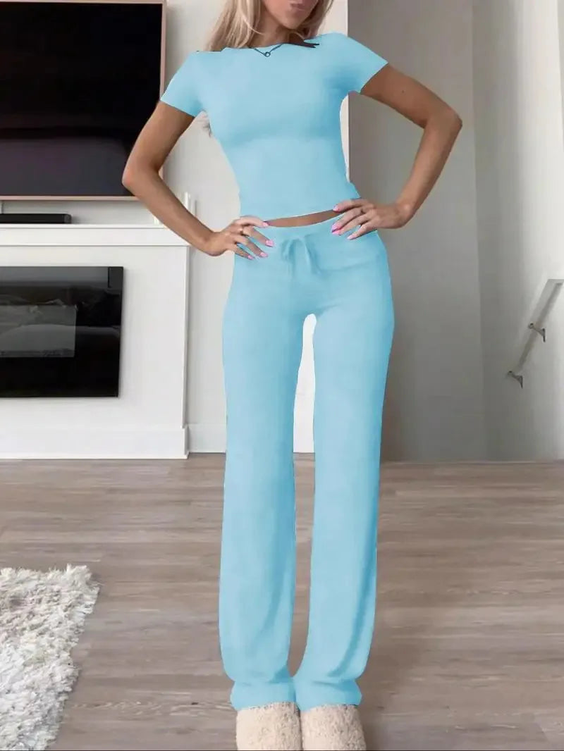 Summer Comfortable Casual Women's Home Sports Set New Fashionable Solid Color Slim Body Clothes + Trousers Two-piece Set