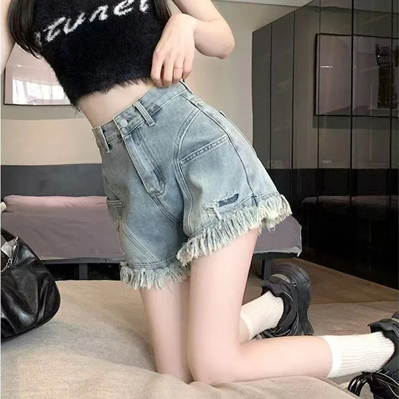 Women's High Waist Fringe Denim Shorts A-line Loose Casual Summer Hot Pants