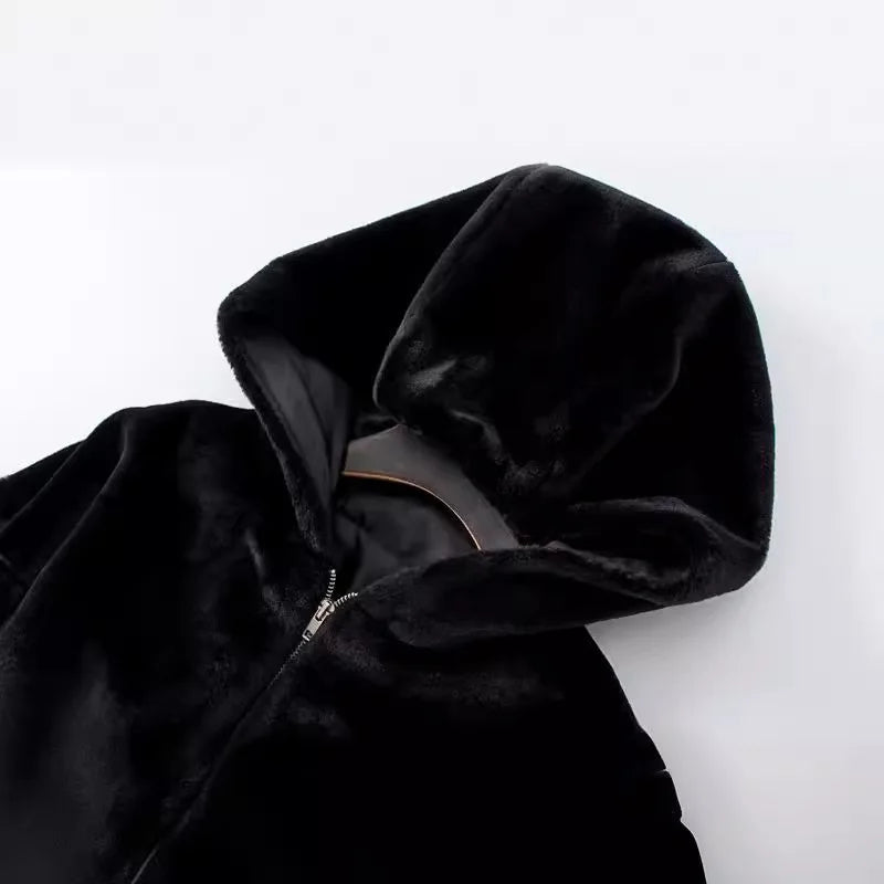Autumn Winter Long-sleeved Slim-fitting Street Style Short High-waisted Fluffy Hooded Jacket Women's Fashion Textured Top