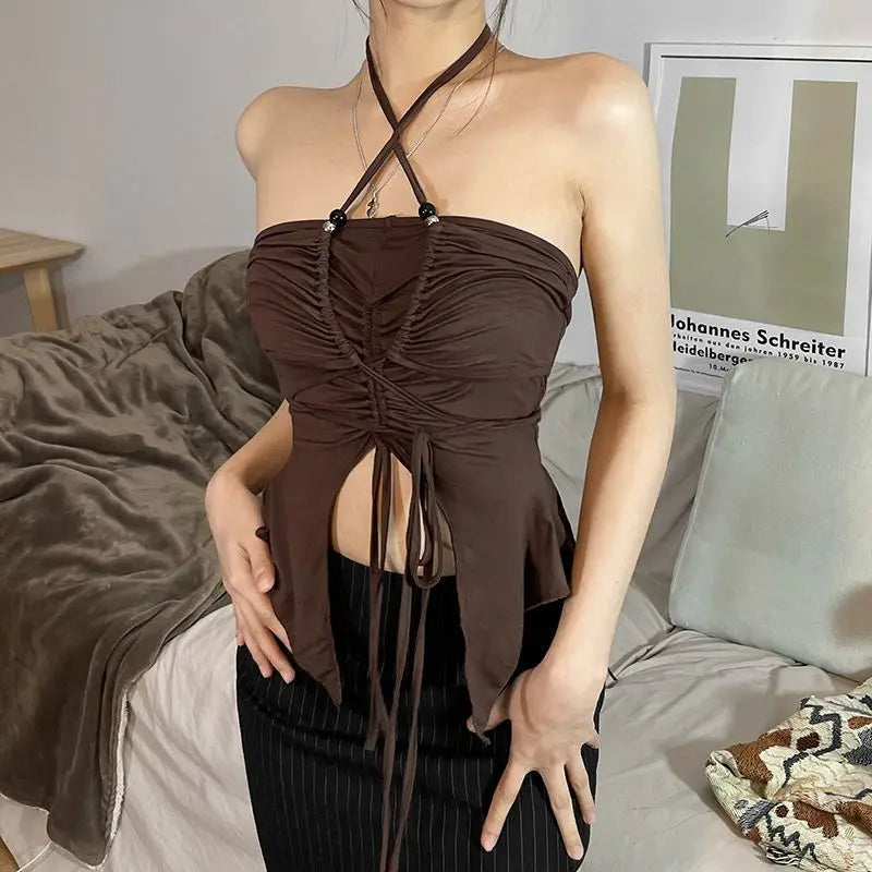 New Sexy Summer Cami Top Bowknot Lace-Up Sleeveless Cropped Vest Elegant Youth Clothes Women Fashion Off Shoulder