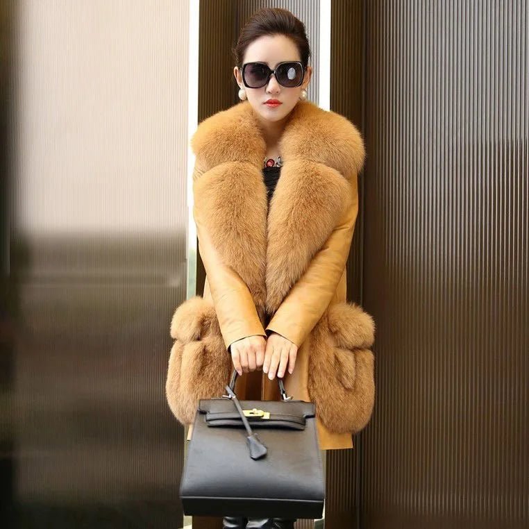 PU Leather Jacket Coat Women's Fur Mid-length Coat Jacket Plus Cotton Velvet Big Fox Fur Collar Leather Coat