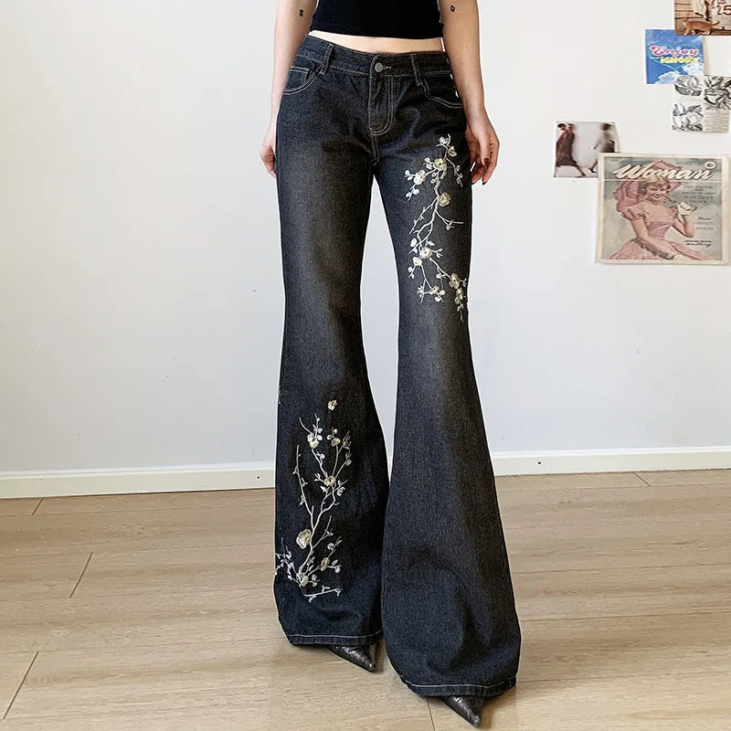 Weekeep Floral Embroidery Jeans Vintage 2000s Low Rise Flared Jeans Women Retro Baggy Denim Pants High Street Basic Trousers