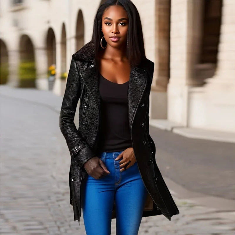 New Black High Grade Leather Jacket Women Spring Autumn Slim British Fur Collar Outerwear Classic Moto Locomotives Jacket