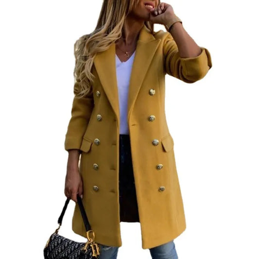 Winter Women Solid Overcoat Button Lapel Woolen Office Coat Thicken Warm Slim Long Jacket Thin Elegant Outwear Women'S Jacket