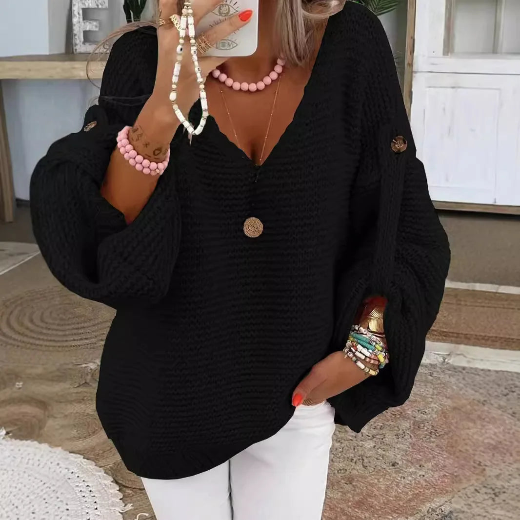 Elegant V-neck Warm Pullover Sweaters Autumn Winter Casual Long Sleeve Button Jumpers Tops Fashion Commuter Loose Women Knitted