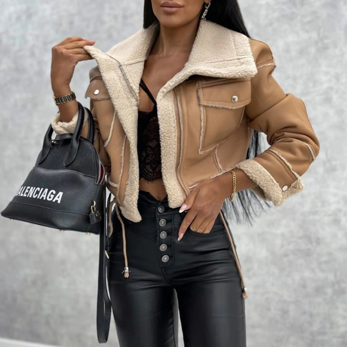 New Woman's Fashion Thick Warm Faux Shearling Jacket Coat Vintage Long Sleeve Belt Hem Female Outerw