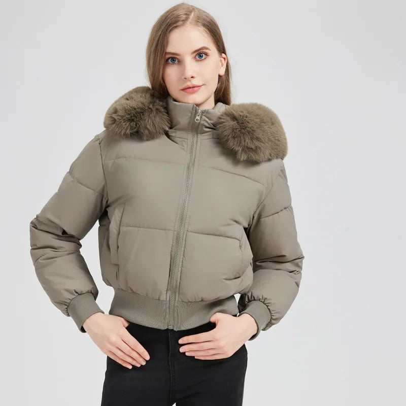 Winter Female's Parka Coat Solid Waist-cinching Faux Fur Trimmed Hood Quilted Jacket For lady Figure-flattering women's Jacket