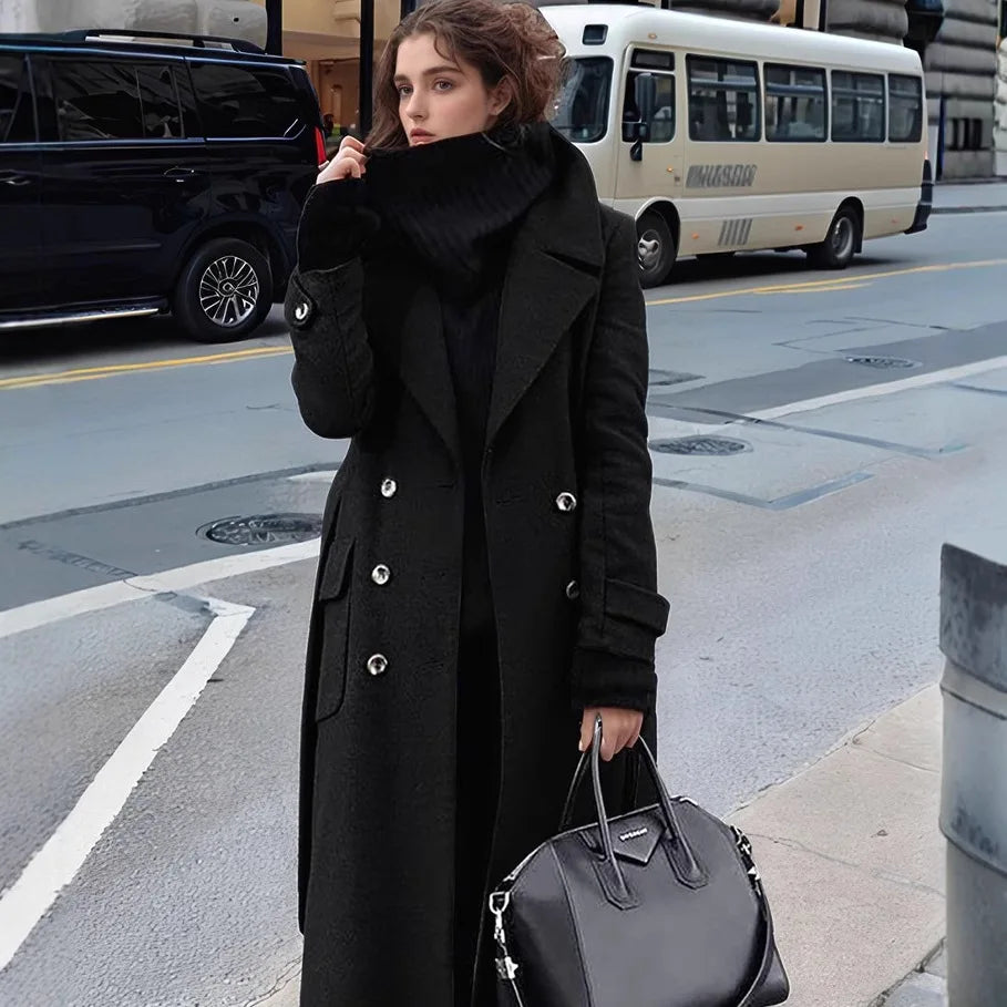 Autumn and Winter Temperament Commuter Suit Collar Double-Breasted Long Woolen Coat Trench Coat for Women