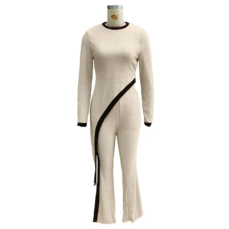 Fashionable long-sleeved contrasting color side slit T-shirt + spliced trousers suit