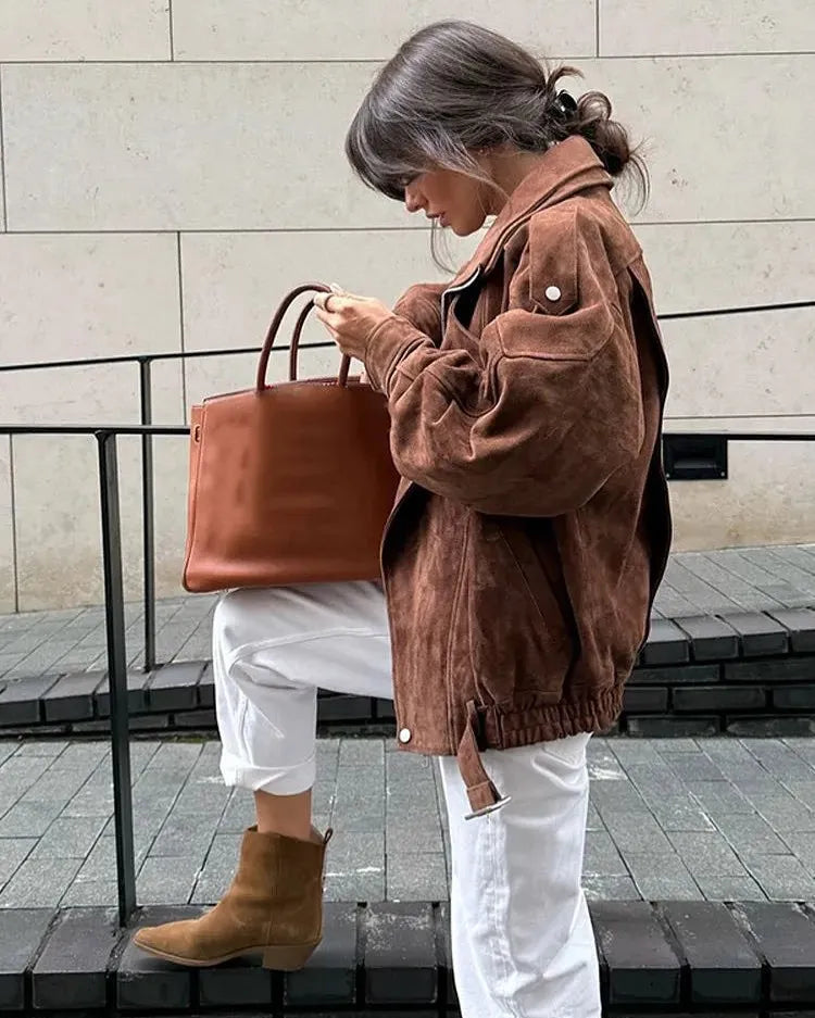 Fashionable Brown Short Loose Women's Jacket Casual Retro Mermaid Style Outerwear Popular Cross-Border Sale in 2025