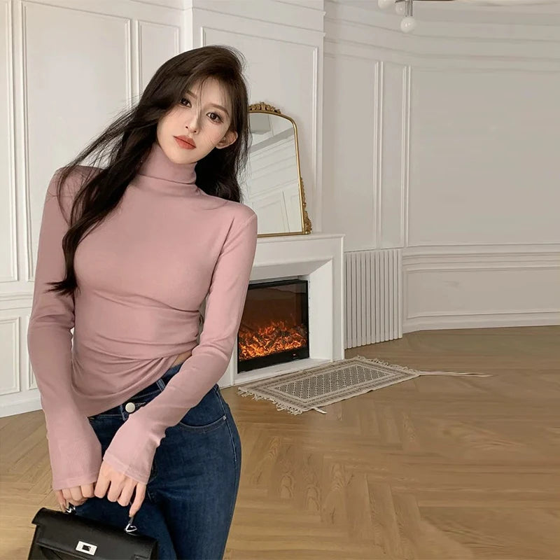 Spring Autumn Turtleneck T-shirt Women All-Match Top Shirt Soft Comfortable Inner Top Casual Long Sleeve T-shirt Office Wear