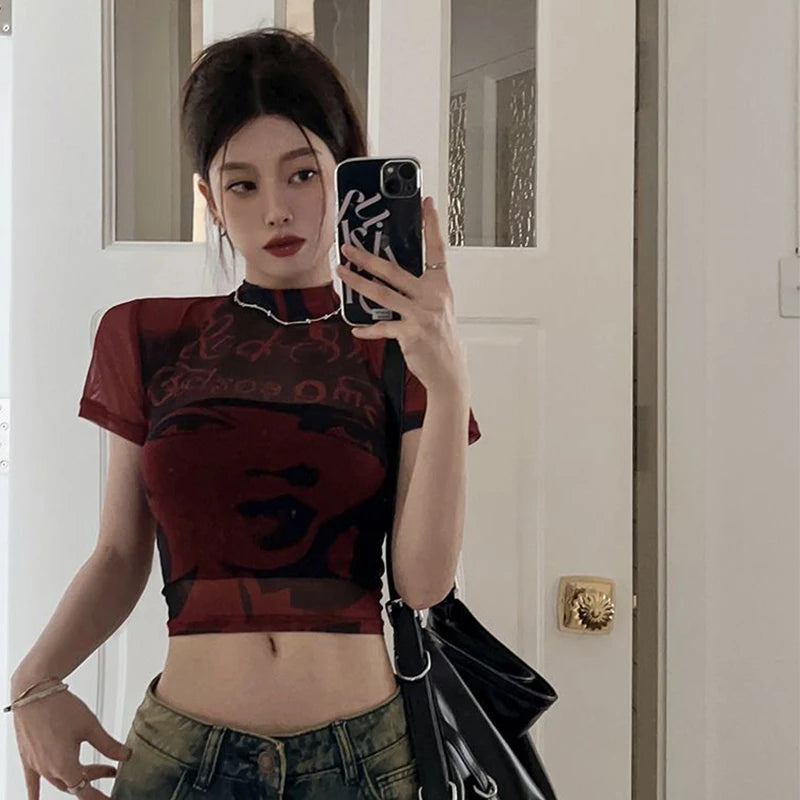 Summer Slim Fit Tees Tops Streetwear Gothic Punk E-girl Harajuku Graphic Print T-shirt emo Women Vintage Crop Top Y2K