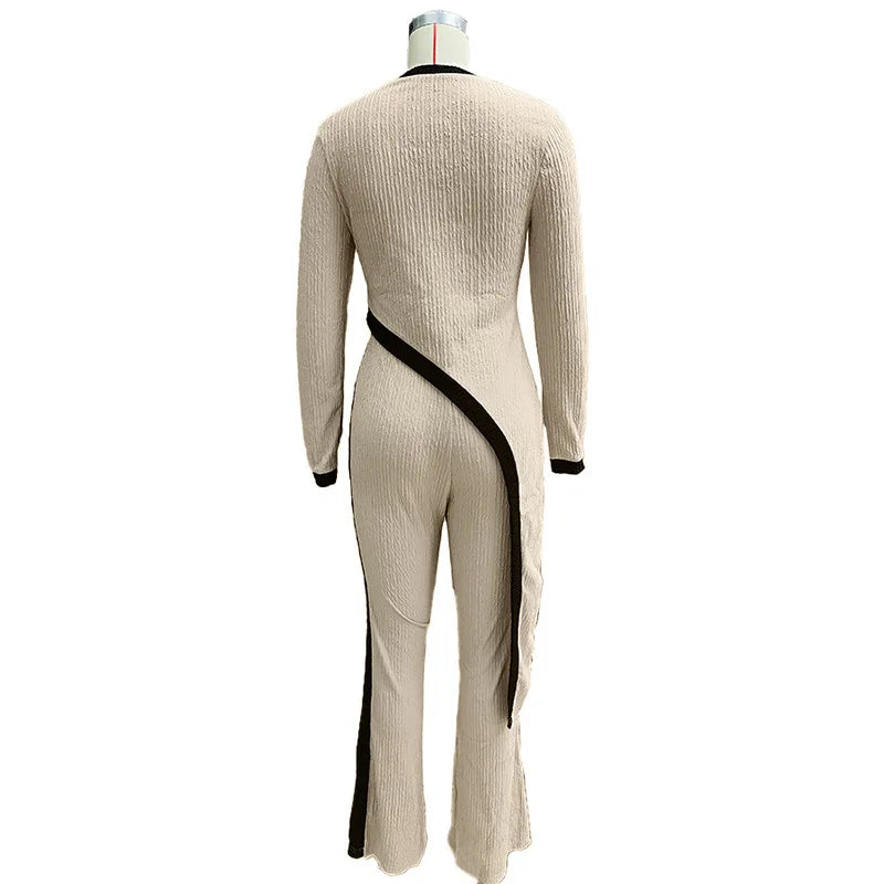 Fashionable long-sleeved contrasting color side slit T-shirt + spliced trousers suit