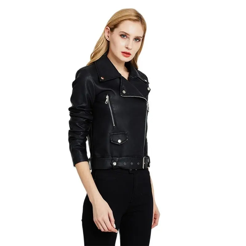 Women Faux PU Leather Coat Casual Lady Red Motorcycle Jacket Vintage Lapel Short Biker Jacket