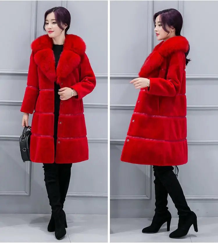 Winter Korean Version Women's New Faux Sheep Shearing Fur Coat Medium Length Faux Fur Collar Coat Office Lady Parkas