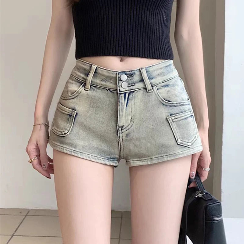 Sexy Low Rise Denim Super Shorts Women's Summer Elastic Slim Skinny Rivet Vintage Blue Short Jeans Y2k Versatile Pants