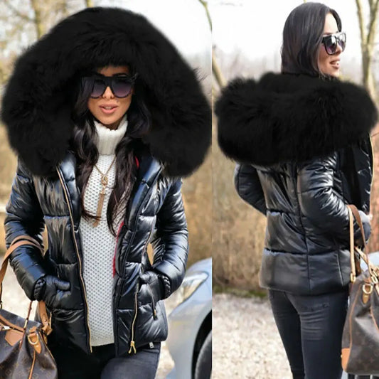 New Hood Solid Color Fur Hooded Jacket Autumn Winter New Women's Cotton-Padded Down Short Parka Coat Jacket Fashion Casual