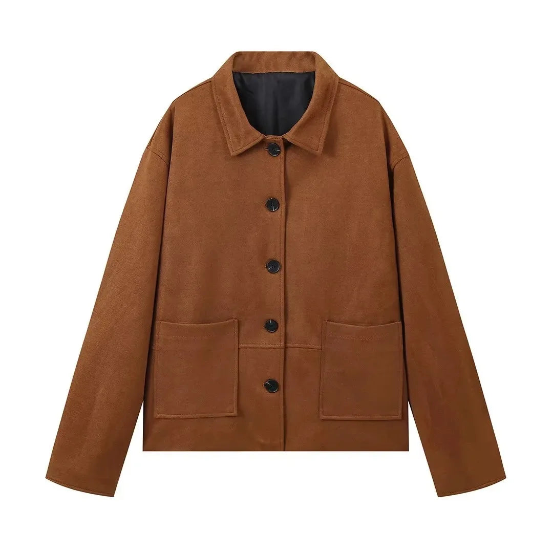 French collar long sleeved casual loose women's autumn new item 2025 short style suede texture effect jacket