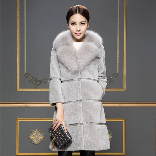 Winter Korean Version Women's New Faux Sheep Shearing Fur Coat Medium Length Faux Fur Collar Coat Office Lady Parkas