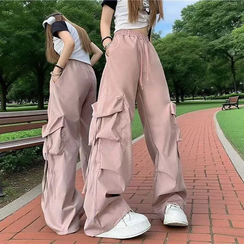 Fashion Y2K Loose Multi Pocket Drawstring Pocket Cargo Pants, Casual Sports Loose Wide Leg Pants For Hiking, Women's Athleisure