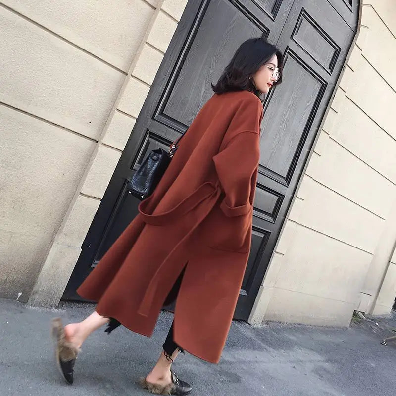 Women's Fashion Autumn/Winter New Slim Fit Waistband Flip Collar Woolen Coat