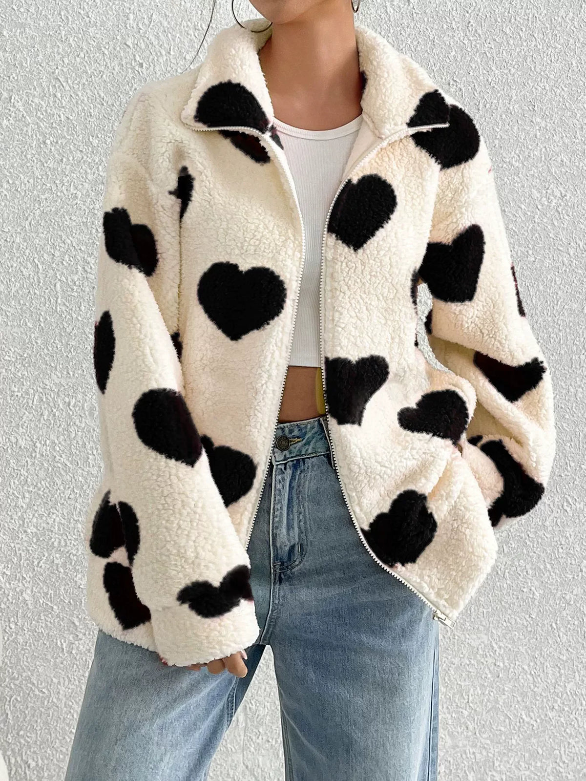 Women's Autumn/Winter New Plush Love Printed Loose Long Sleeve Zipper cardigan Coat
