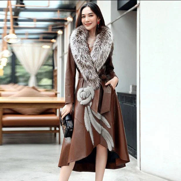 New Women's PU Leather Jacket For Spring Autumn Slim Big Fur Collar Long Leather Coat Female Loose Leather Outerwear
