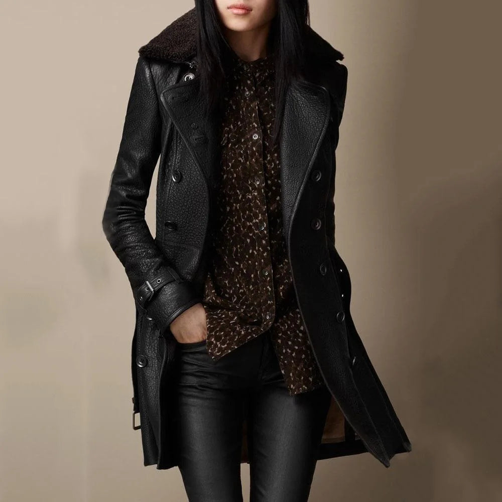 New Black High Grade Leather Jacket Women Spring Autumn Slim British Fur Collar Outerwear Classic Moto Locomotives Jacket