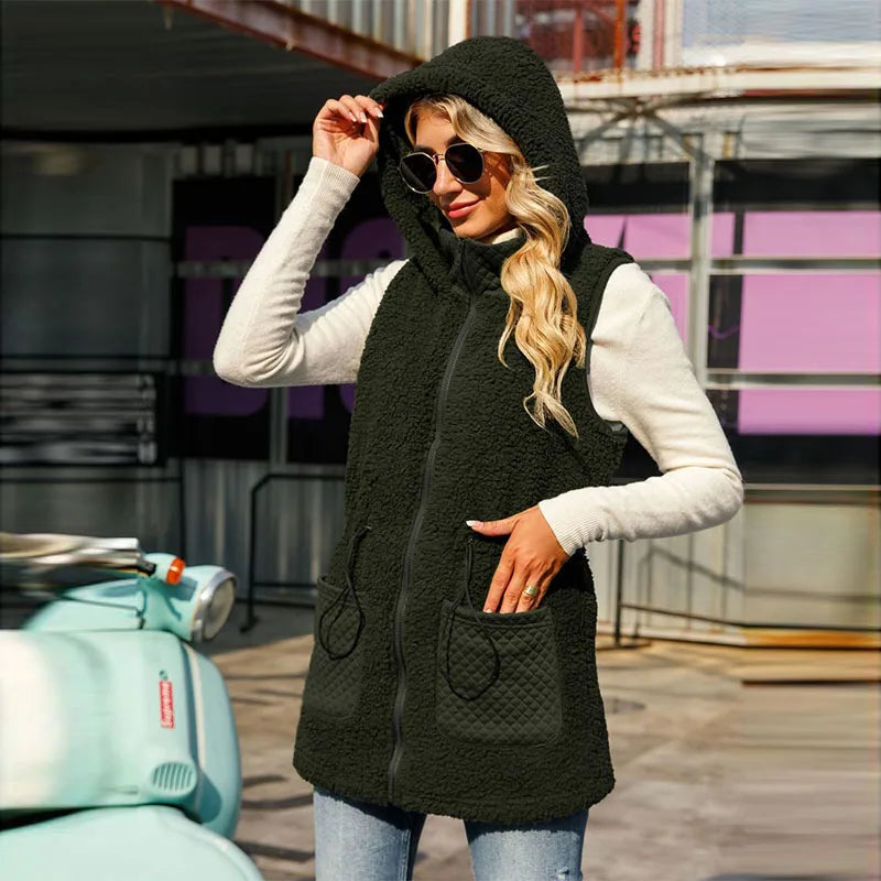 Women's Velvet Bubble Vest Autumn European American Style Hooded Sleeveless Zipper Mid-Length Solid Color Adjustable Waist