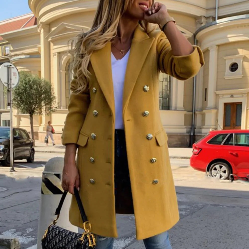 Winter Women Solid Overcoat Button Lapel Woolen Office Coat Thicken Warm Slim Long Jacket Thin Elegant Outwear Women'S Jacket