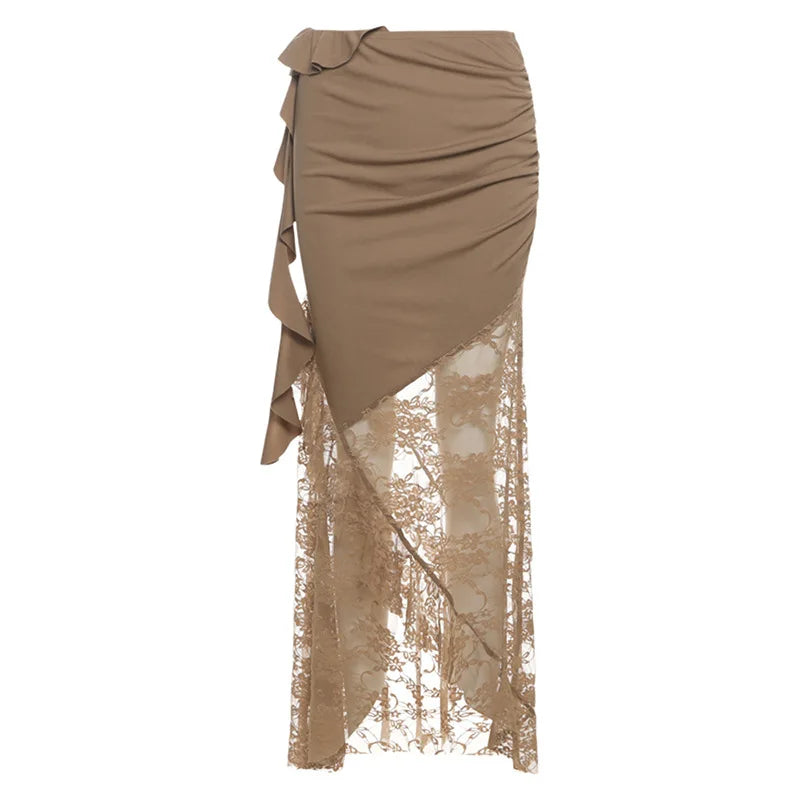 Ruched Ruffle Mesh Maxi Skirt