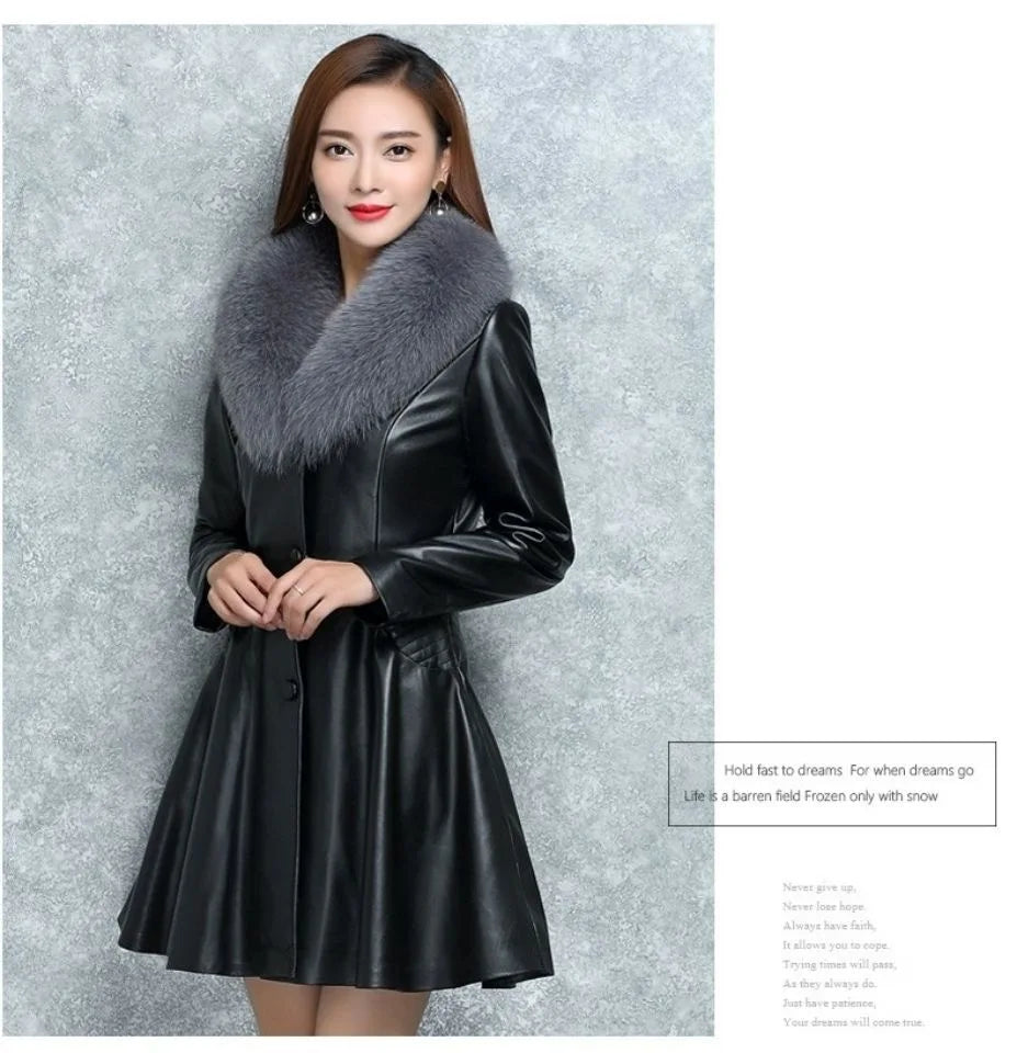 New Women's PU Leather Jacket For Autumn Winter Slim Big Fur Collar Long Leather Coat Female Outerwear