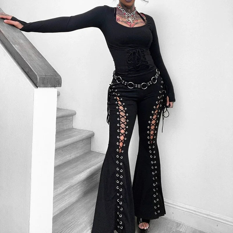 Gothic Bandage Cut Out Pants Black Clothes for Women Cyber Punk Lace Up High Waist Flare Pants Dark Academia