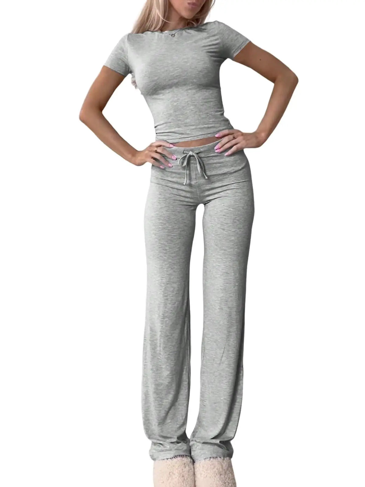 Summer Comfortable Casual Women's Home Sports Set New Fashionable Solid Color Slim Body Clothes + Trousers Two-piece Set
