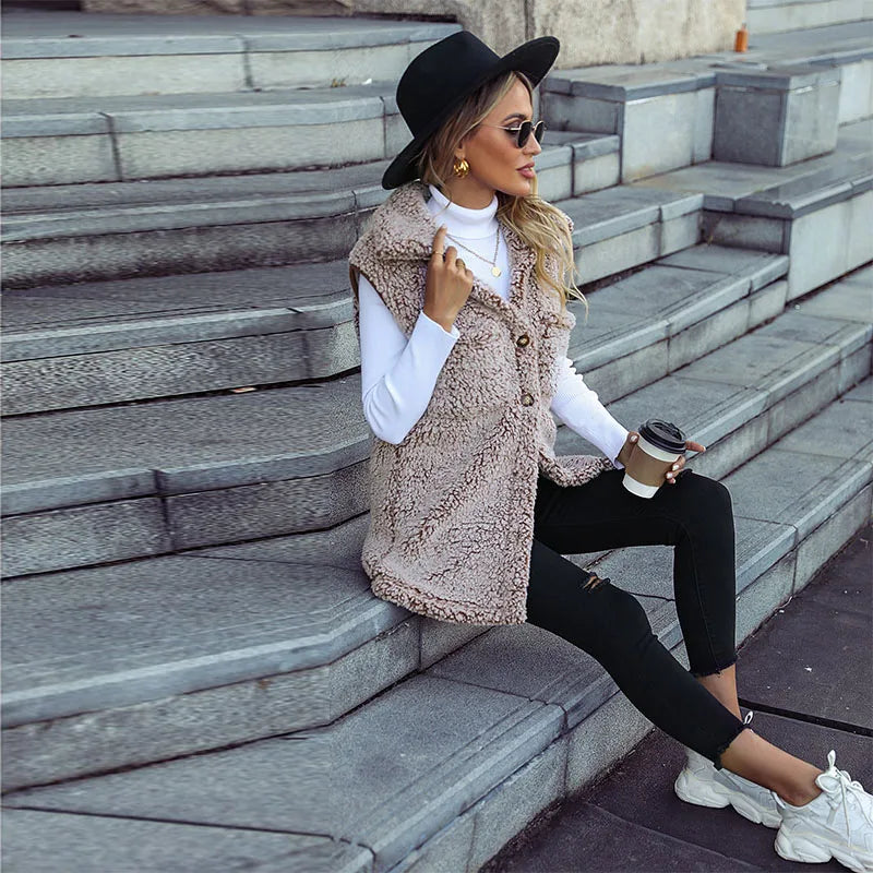 Autumn/Winter New Women's Mid Length Solid Hooded Vest Plush Warm Jacket Coat For Women Clothing