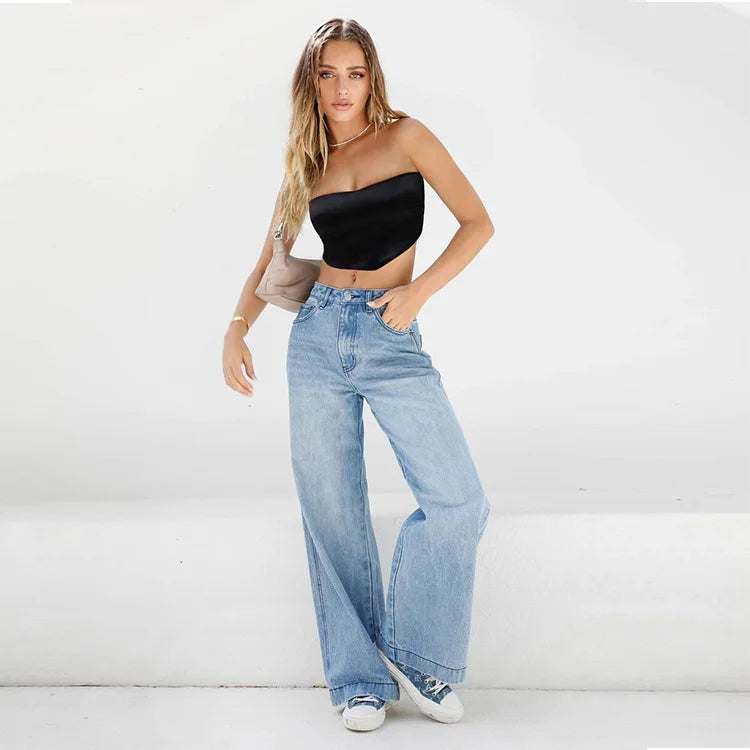 Women Baggy Jeans Streetwear High Waist Wide Leg Denim Pants Retro Elastic Waist Blue Loose Female Trousers