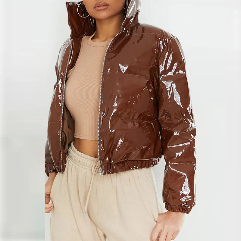 Women Cotton-padded Jacket Jacket Fashion Casual Glossy Long Sleeve Autumn And Winter Stand Collar Short Zipper Sexy Warm Street