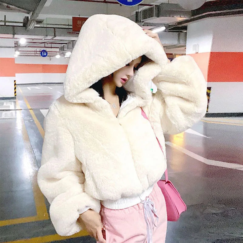 Autumn Winter Long-sleeved Slim-fitting Street Style Short High-waisted Fluffy Hooded Jacket Women's Fashion Textured Top