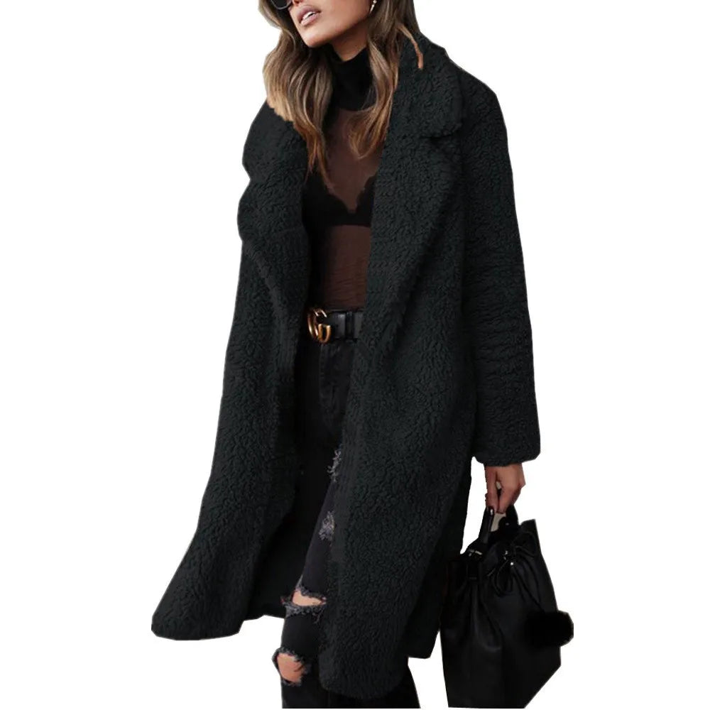 Retro Solid Long Coats Women Elegant Loose Lapel Single Breasted Plush Coat Female Winter Warm Chic Street Overcoats