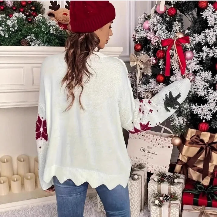 Clothing Autumn and Winter New Snowflake Christmas Tree Print Holiday Loose Casual Knitted Sweater for Women