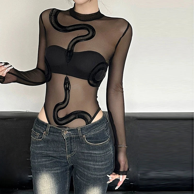 New spicy girl snake print perspective sexy splicing round neck mesh bodysuits for women