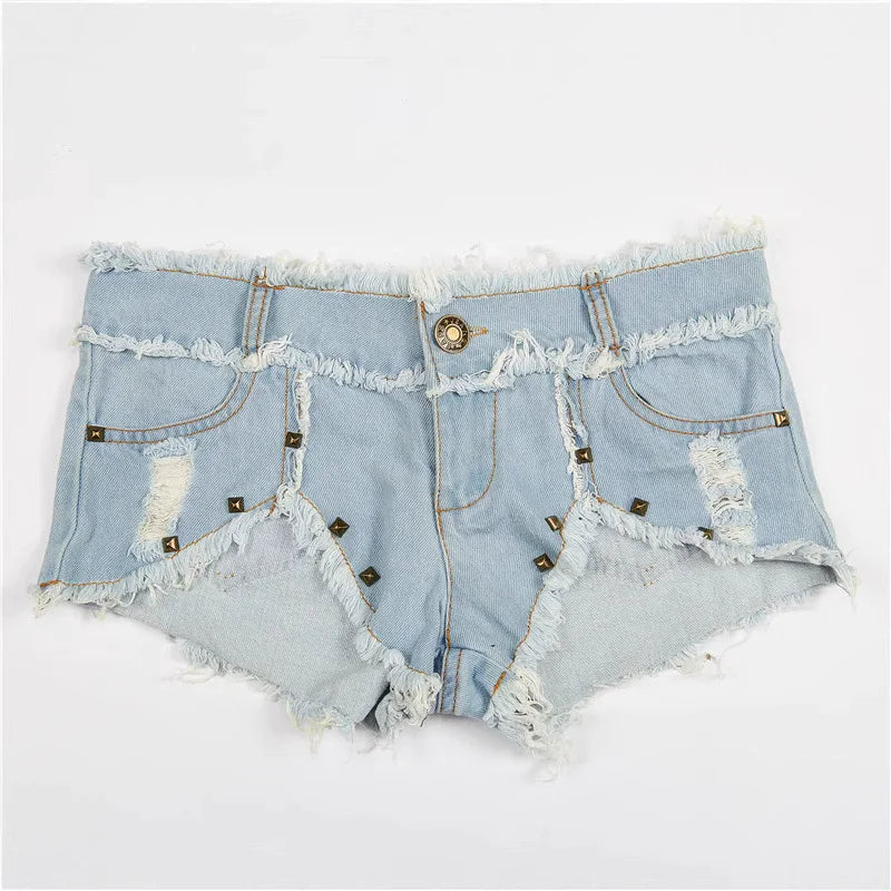 Slimming Skinny Denim Hot Pants - Vintage Wash Ultra Low-Rise Distressed Y2K Sexy Shorts for Baddie Street Style